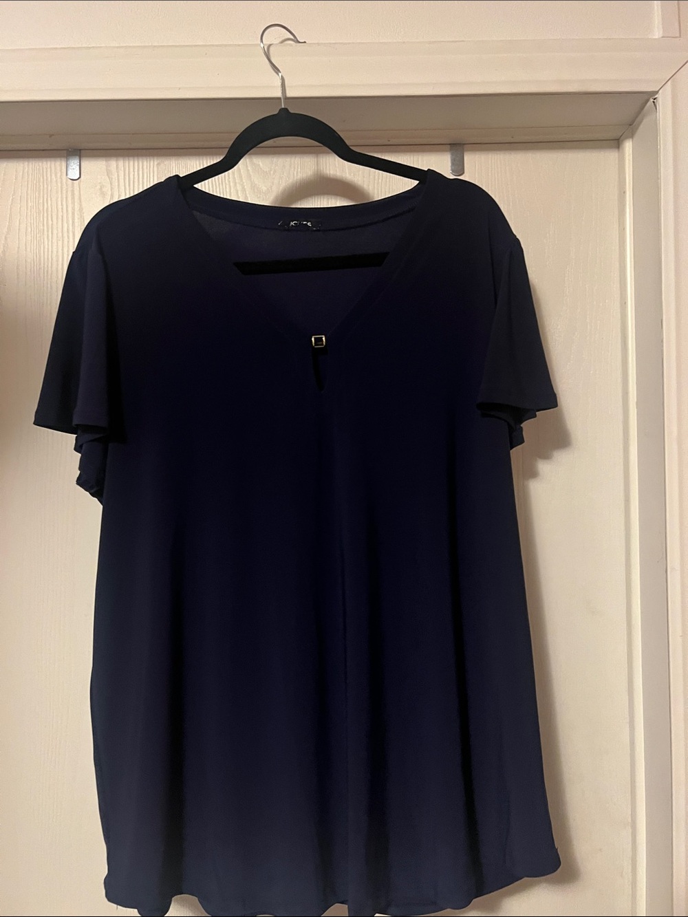 Women’s Navy V-Neck Short Sleeve Top with Decorative Accent